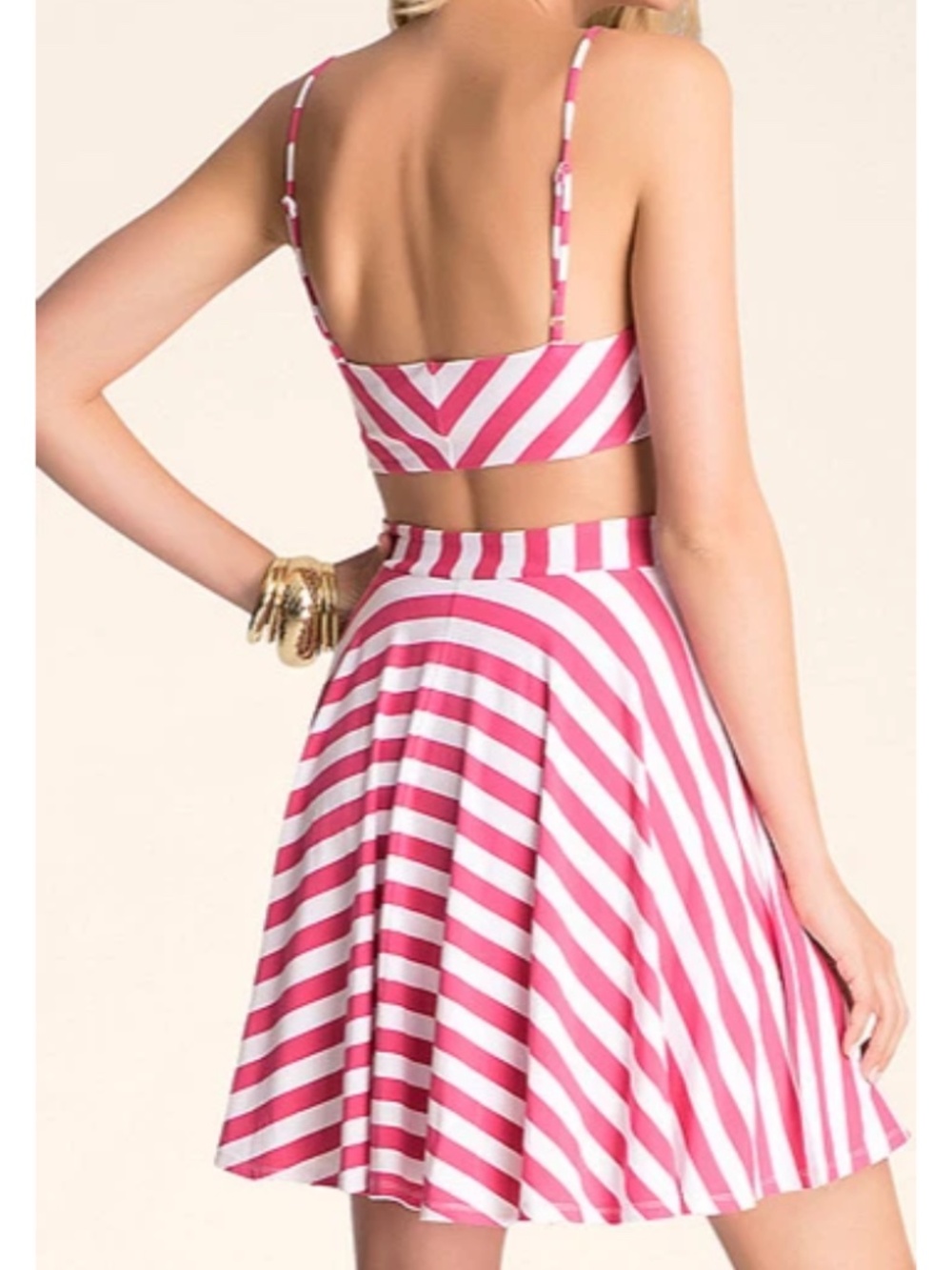 NEW bebe spaghetti strap side cutout pink white fit flare top dres